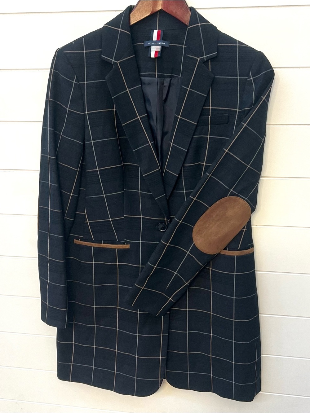 Tommy Hilfiger Windowpane Long Blazer Jacket with Brown Elbow Patches Academia
